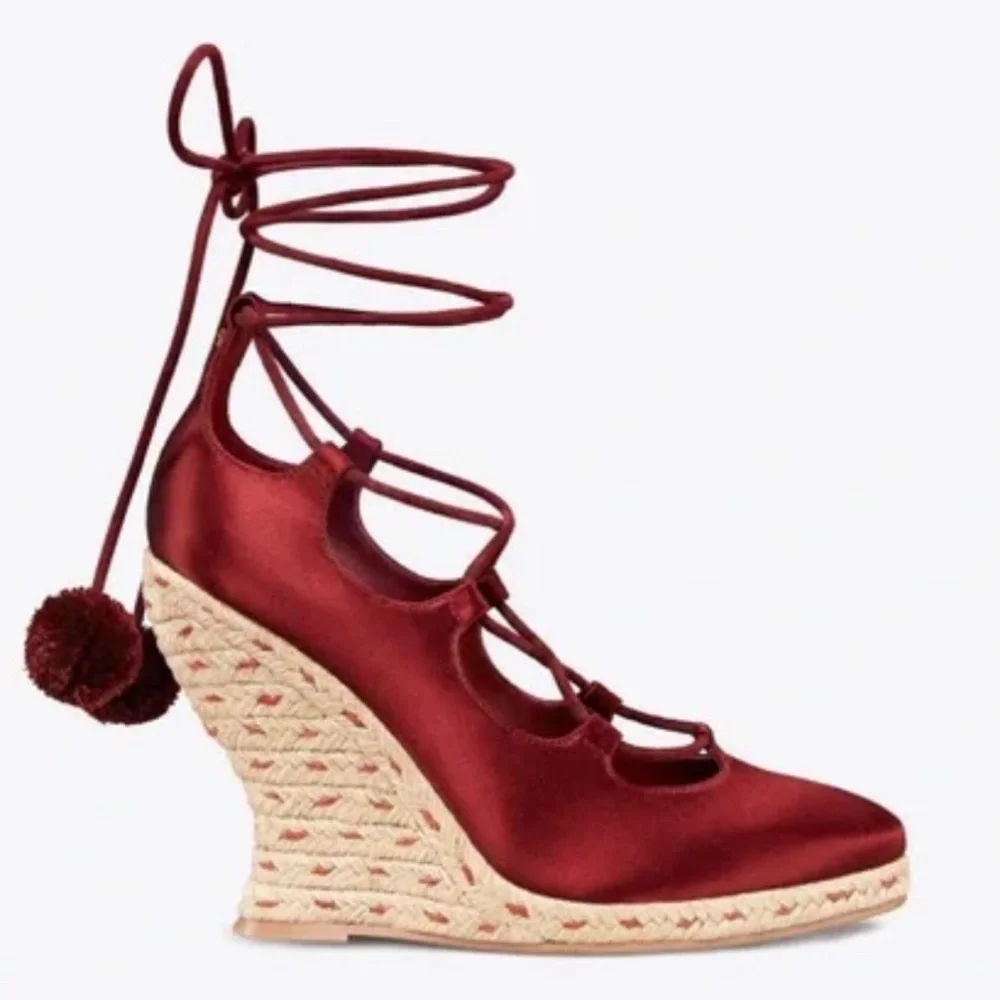 Tory Burch Red Pom-Pom Lace-up Satin Wedge Espadrilles Merlot Size 6